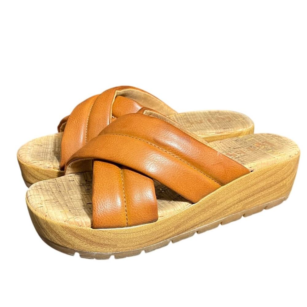 Korks Faithe Brown Platform Wedge Slides Sandals Boho Crossover Womens 7